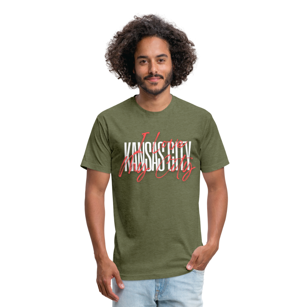 White & Red Large Letter "I Love My City" - heather military green