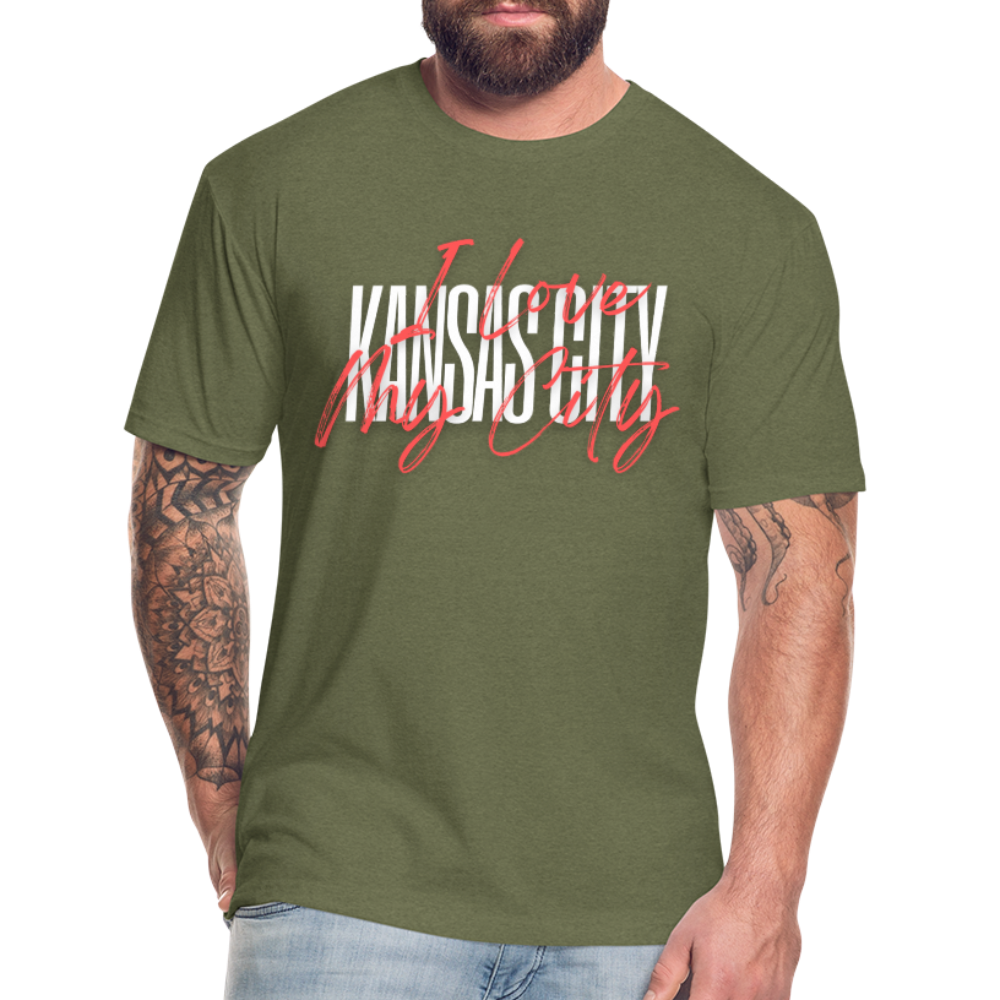 White & Red Large Letter "I Love My City" - heather military green