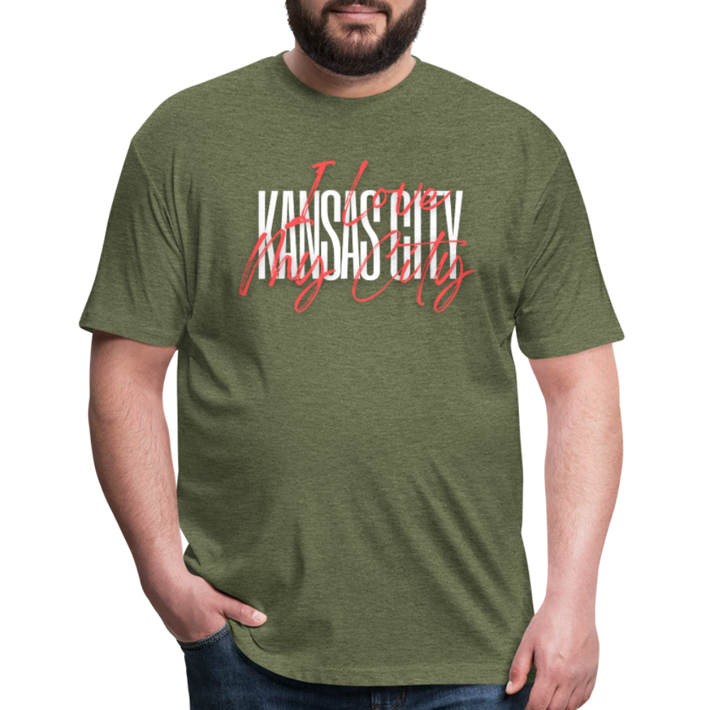 White & Red Large Letter "I Love My City" - heather military green
